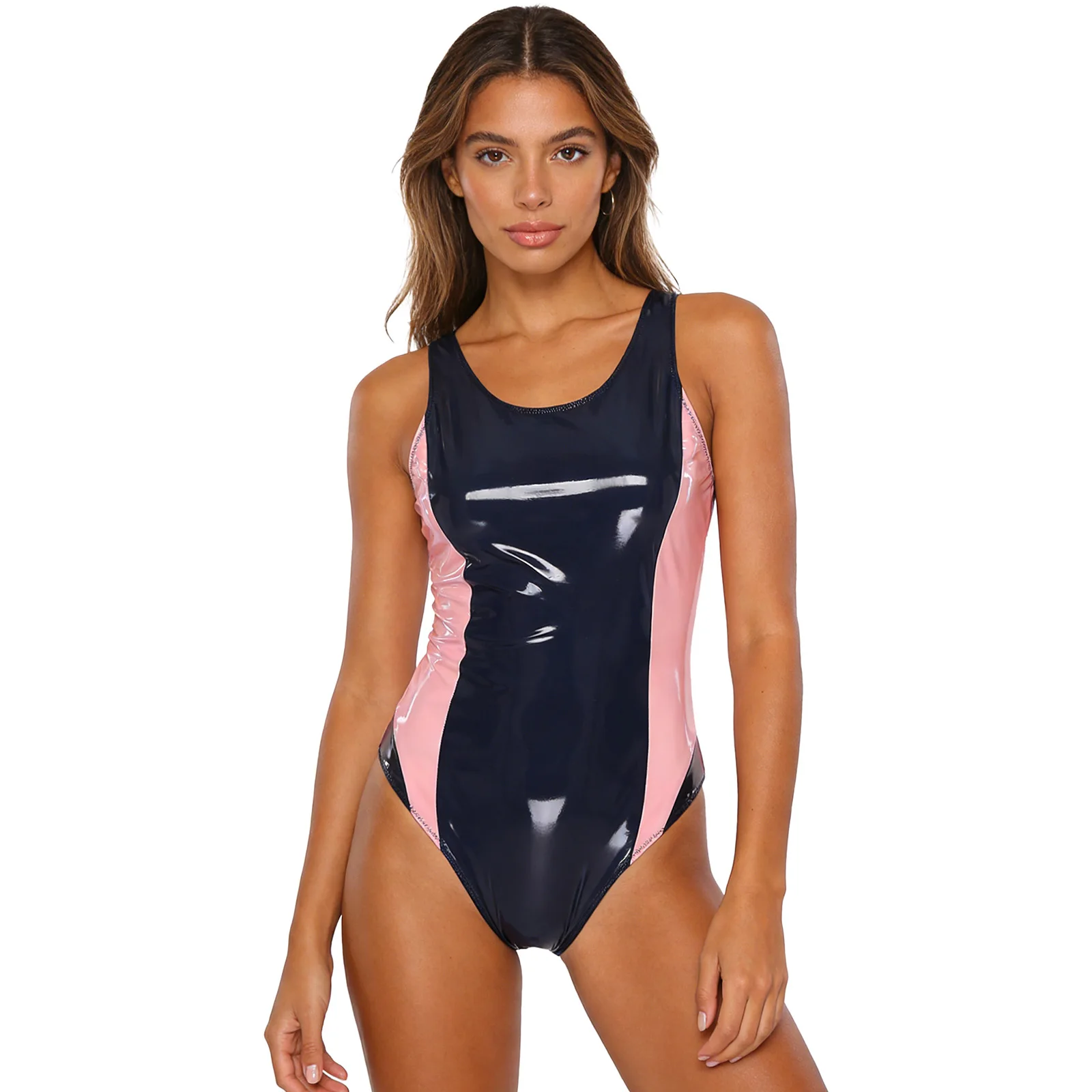 Womens PU Leather One Piece Swimsuit Crew Neck Sleeveless High Cut Leotard Bathing Suit Wet Look Bodysuit Swimwear Beachwear