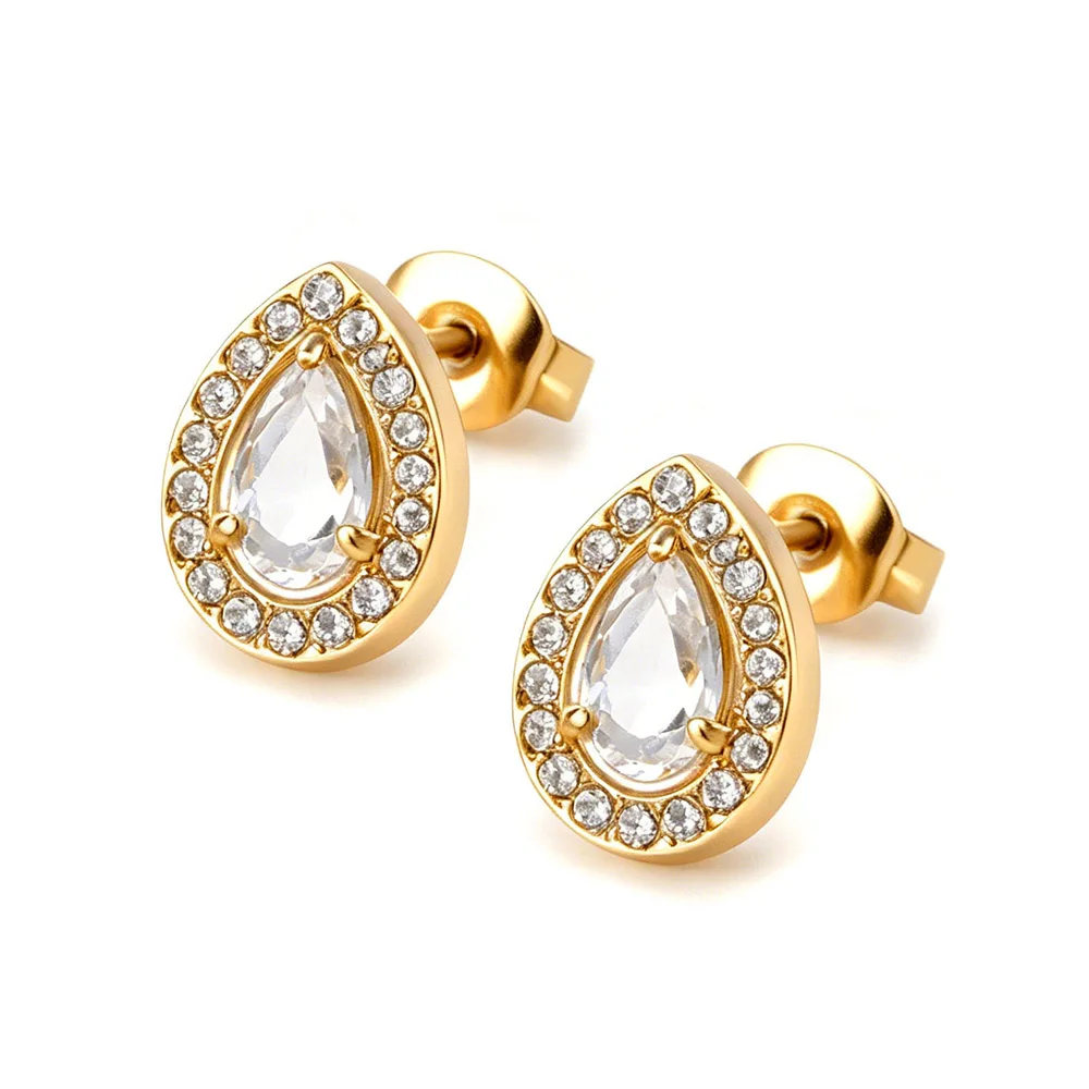 JeeMango Delicate Geometric Water Drop Cubic Zirconia Stud Earrings for Women Stainless Steel Fashion Daily Wear Jewelry E26098