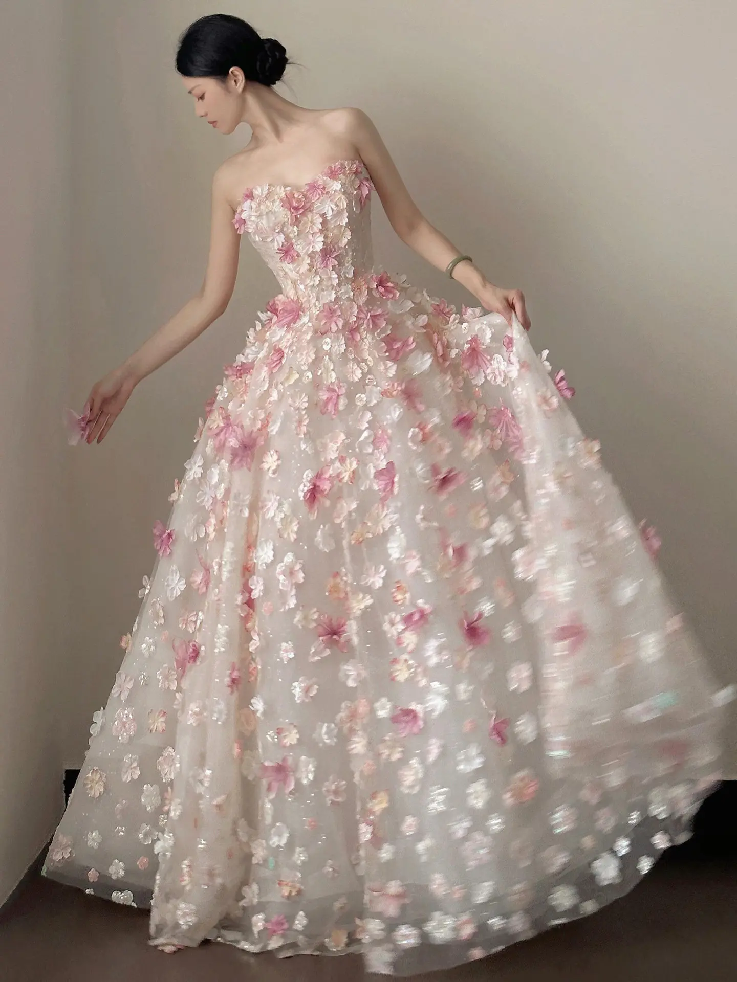 

Elegant Floral Long Evening Gown Pink One Shoulder Bridal Dress for Wedding Reception Performance Floor Length Draped Style