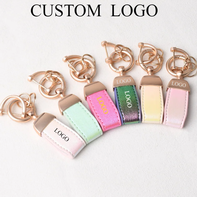 Custom Print Logo Short Fluorescent Leather Keychain Personalized Gradient Key Chain Personalize Bag Car Keyring Couple's Gift