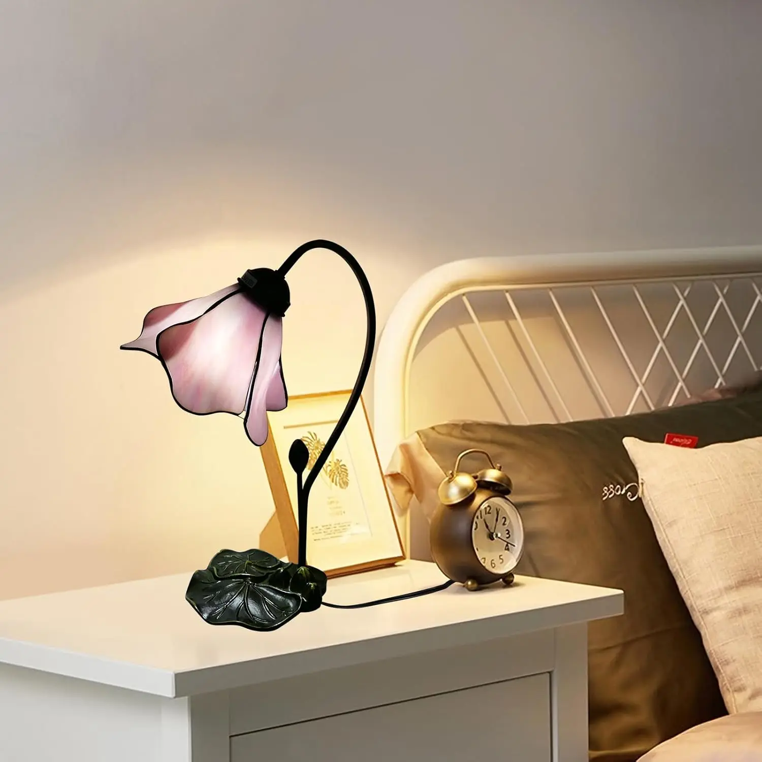 Style Vintage Reading Table Lamp Pink Lotus Stained Glass Remote Control Warm White LED Bulb Electric Power Room Use