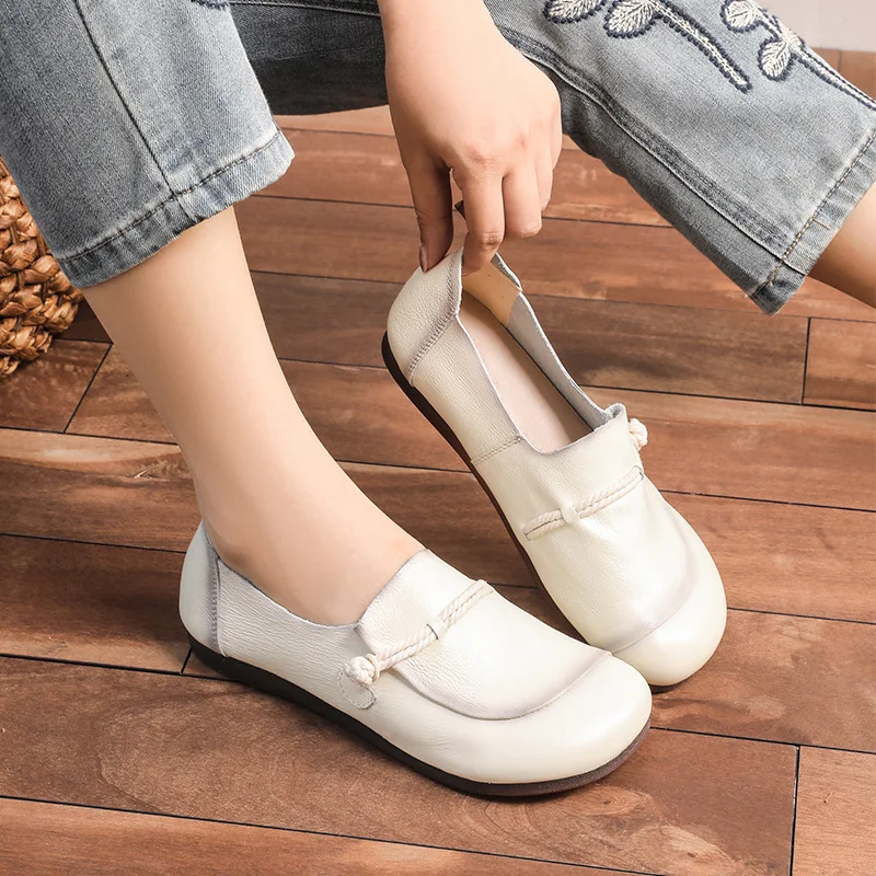 Mom Retro Genuine Leather Flats Shoes For Women Spring Autumn Moaccains With String  Ladies Loafers Female Round Toe Shoe Woman