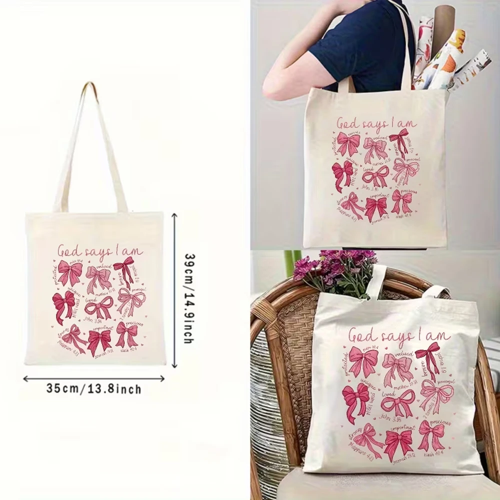 God Says I Am an Inspirational Tote Bag - Pink Bow Design, Reusable Shopping Bag for Women, Light Beige Bible Verses (John 3:16, Ephesians 2:10) Inspirational Quotes, Machine Washable High-Quality Tote Bag, Suitable for Church, Daily Use, Sturdy Handle Design
