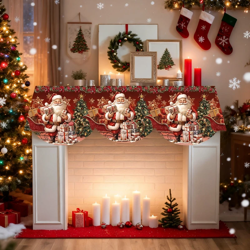 VIKAMA Christmas Fireplace Mantel Scarf Santa Gift Sleigh Mantel Topper Xmas Fireplace Shelf Cover Holiday Home Indoor Decor