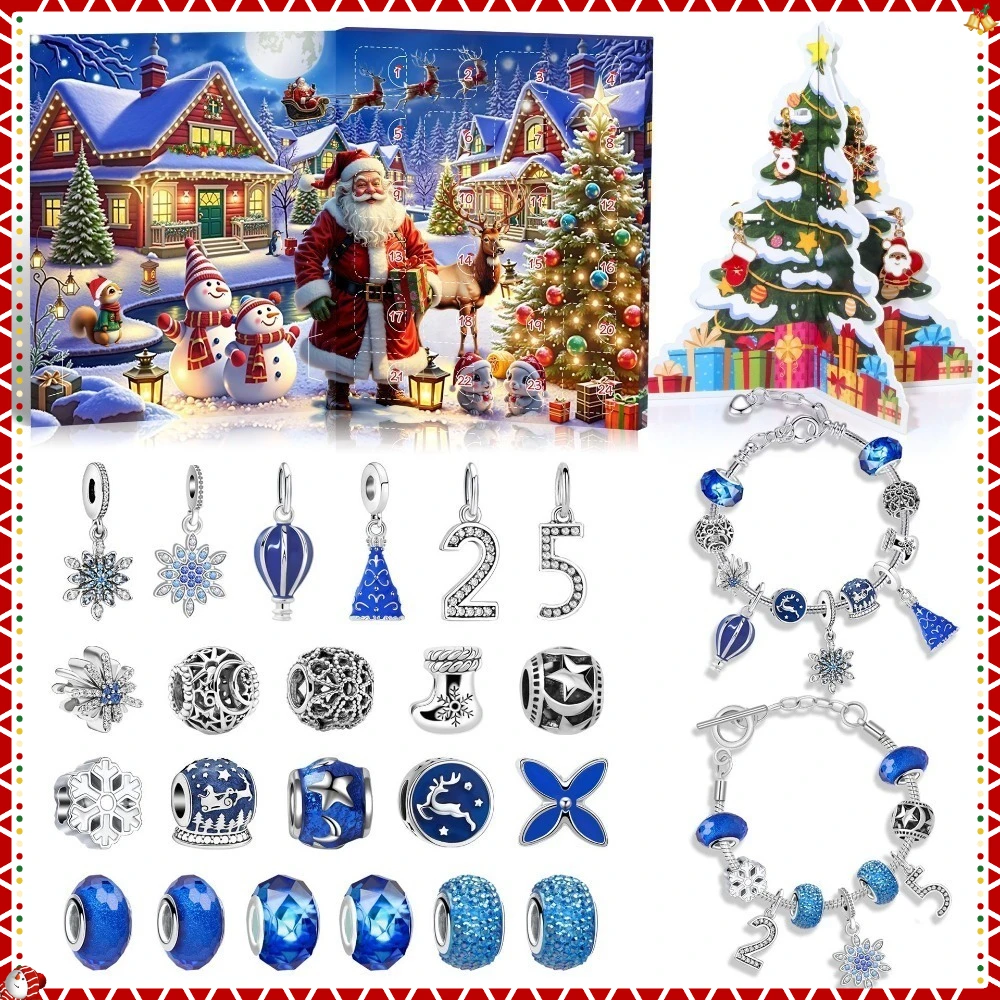 

New Christmas Advent Calendar Blue 24 Grid Countdown DIY Bracelet Advent Blind Box Christmas Decoration Surprise Blind Box Gifts