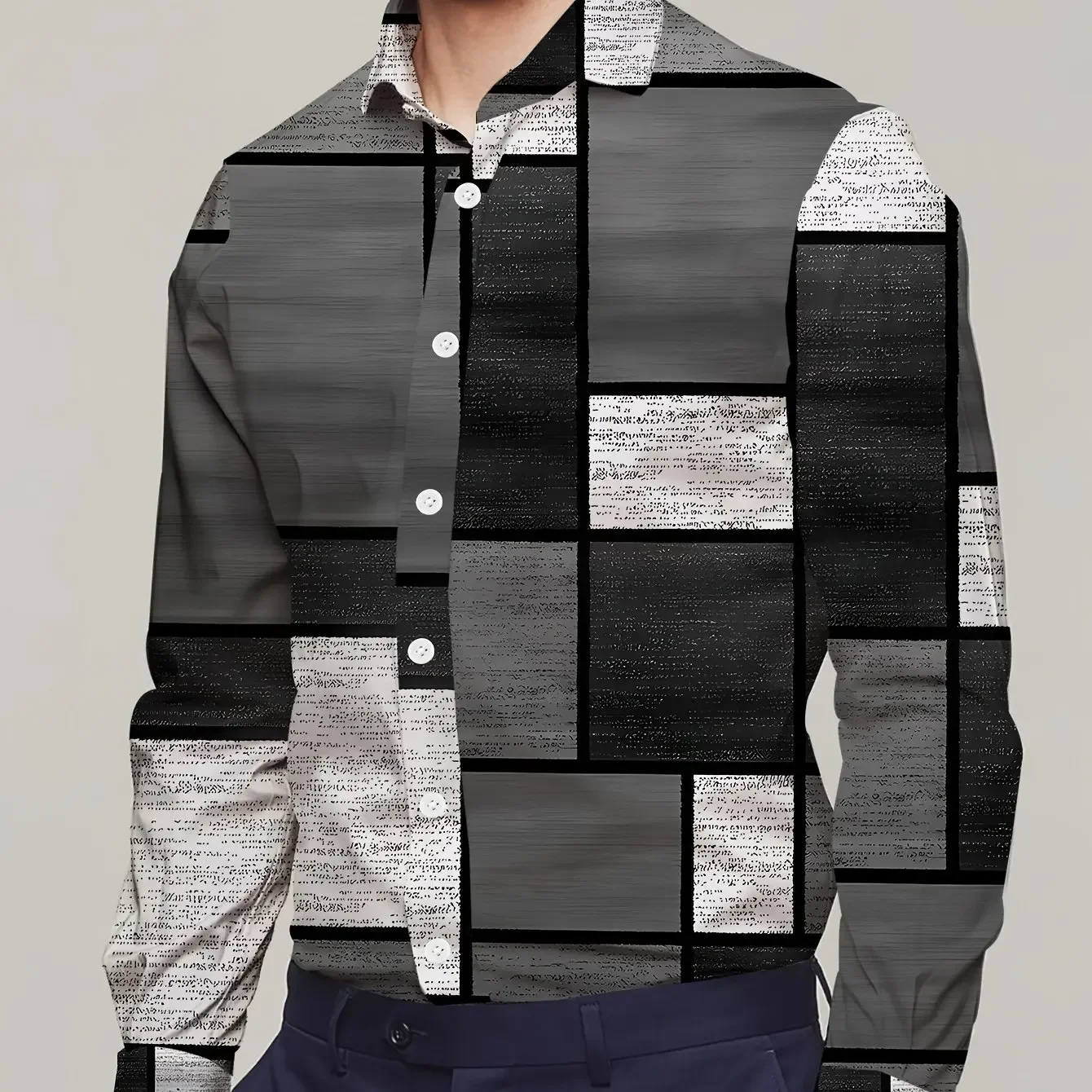 Autumn and Winter Fashion Trend Street Fashion Shirt 3D Printed Plaid Pattern Printed Long Sleeve Lapel Shirt Casual Men's Wear