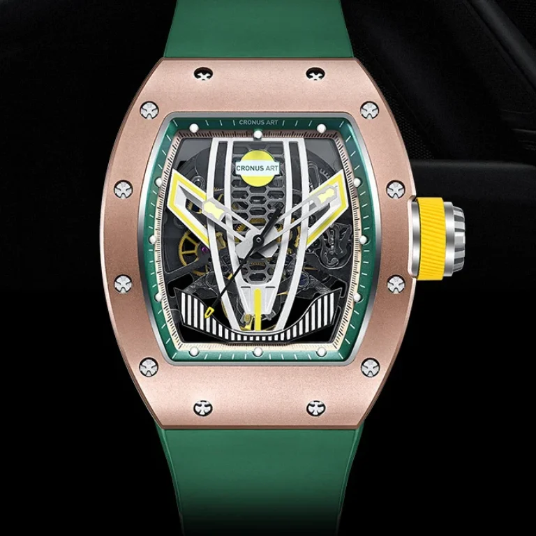 

CRONUSART Мужские автоматические часы 50 мм Tonneau Механические наручные часы Корпус из углеродистой стали Светящийся скелетонизированный циферблат