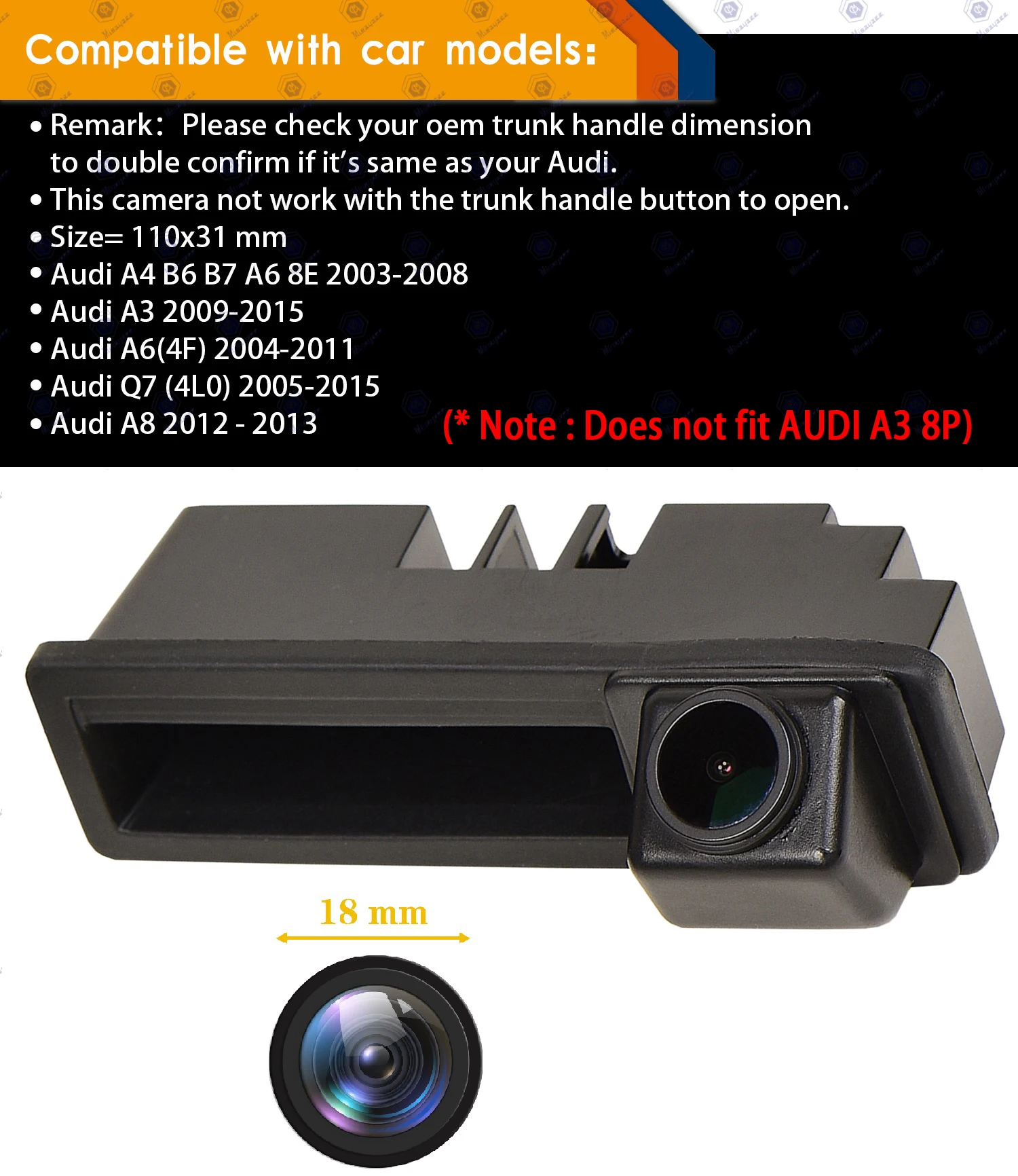 

HD 1280*720P Rear View Camera for Audi A4 B7 2005-2008 AUDI A3 2009-2015 A6 4F Q7 4L0, Tailgate handle Reversing Backup Camera