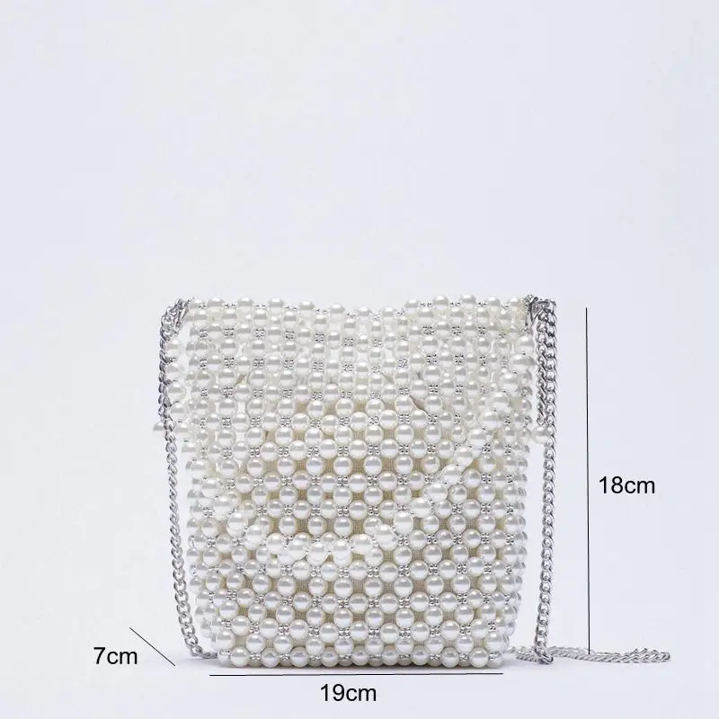 ZA New Pearl Beaded Bag White Beaded Fairy Portable Messenger Bags with Chain Female Purses and Handbags Cross Body Bag Woman