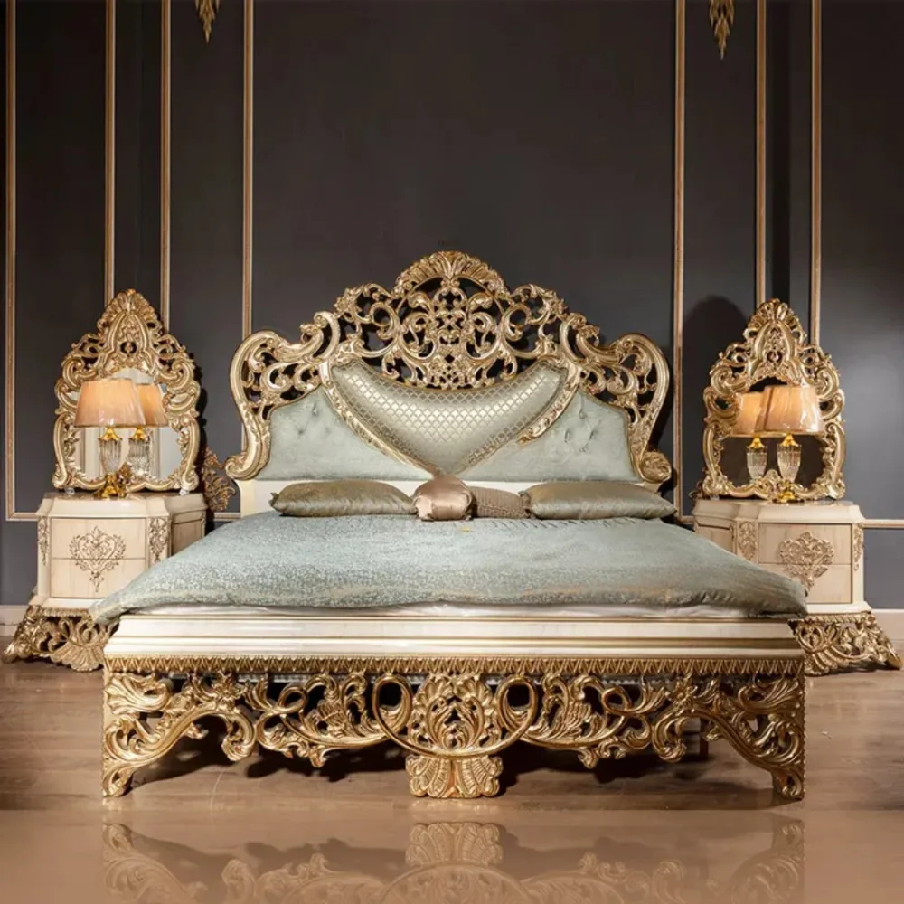 Classic European Luxury Antique Gold Crown Mahogany King Size Carved Bedroom Set Nightstand Wardrobe Washable Storage Hotel