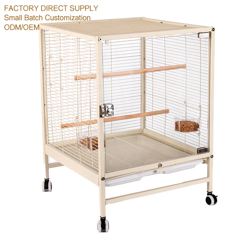 Large Glass-Front Bird Cage Wheels Splash-Proof Parrot Cage for Plastic Solid Plastic Tray Box