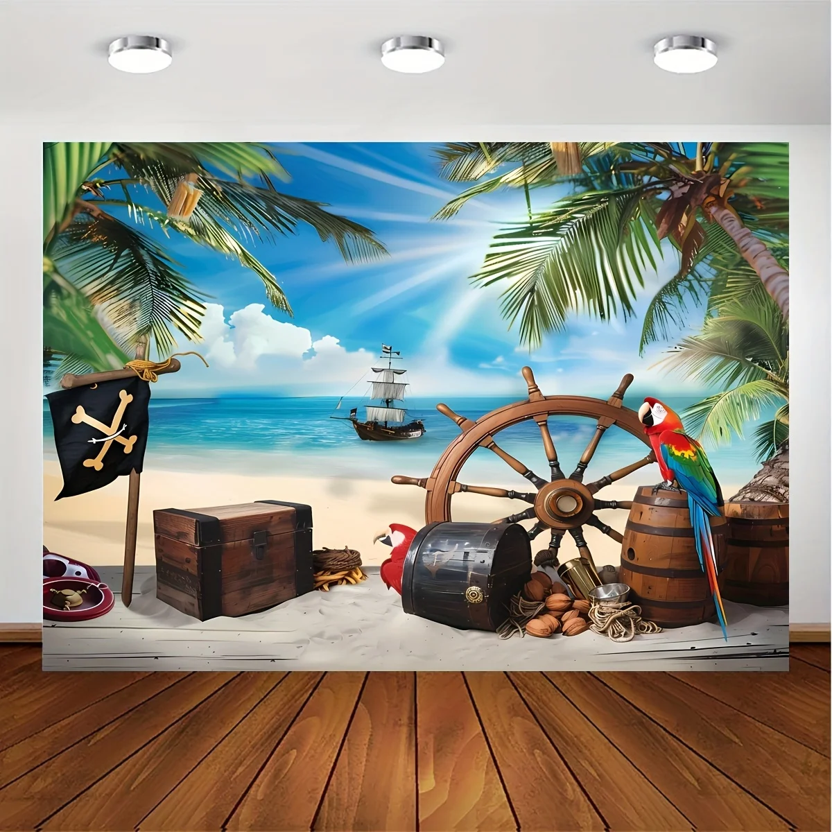 Hintergrundfotografie mit Piratenthema, Holzboden, Piratenschiff, Schmuck, Meerblickfotografie, Halloween-Hintergrund