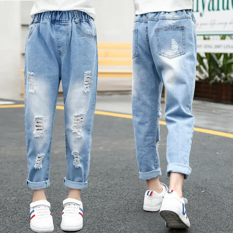 Children Jeans for Girls Autumn Elastic Waist Ripped Pants Baby Jeans for Kids Spring Casual Girls Denim Trousers