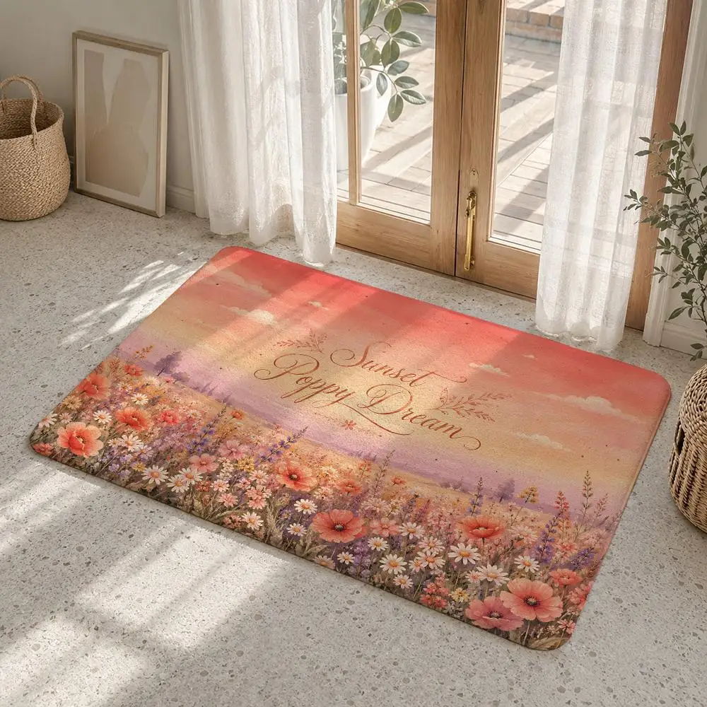 Oil Painting Flower Art Floor Mat Flannel Rug Non Slip Absorbent Soft Washable For Entryway Hallway Bathroom Kitchen Decor