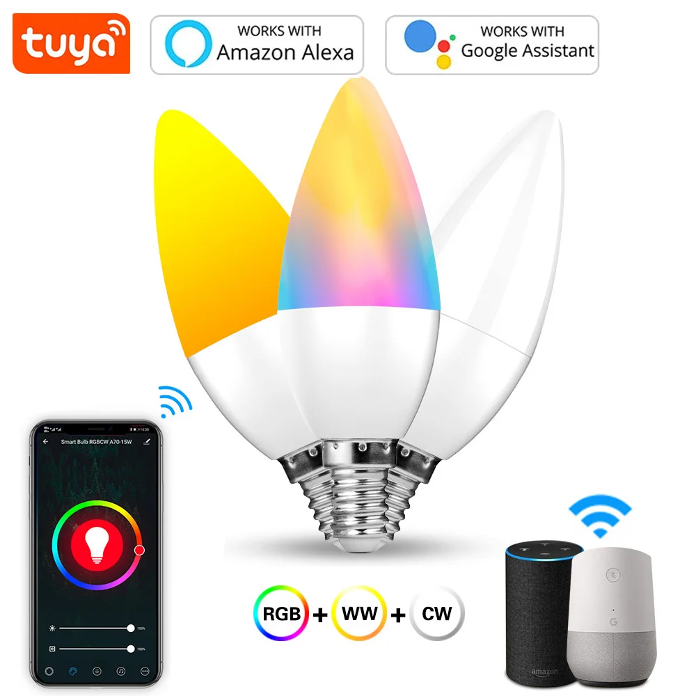 

Tuya Wifi Smart E14 LED Light Bulb 8W RGB+CW+WW Dimmable Lamp Color Changeable Work With Alexa Google Voice Control For Home DIY