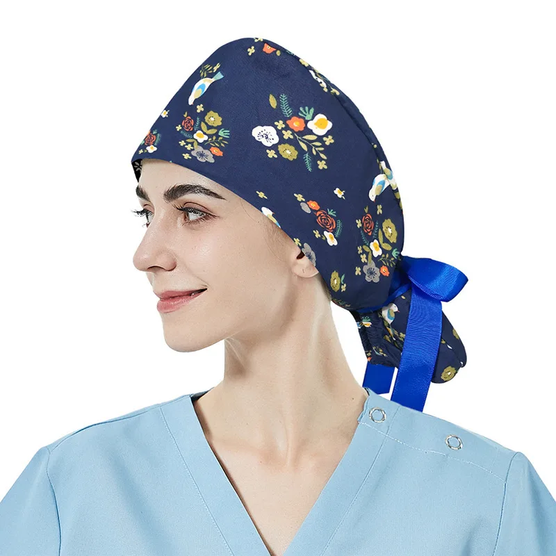 Bow Tie Tied Long Hair Women's Nurse Button Pure Cotton Surgical Doctor's Postpartum Printed Hat