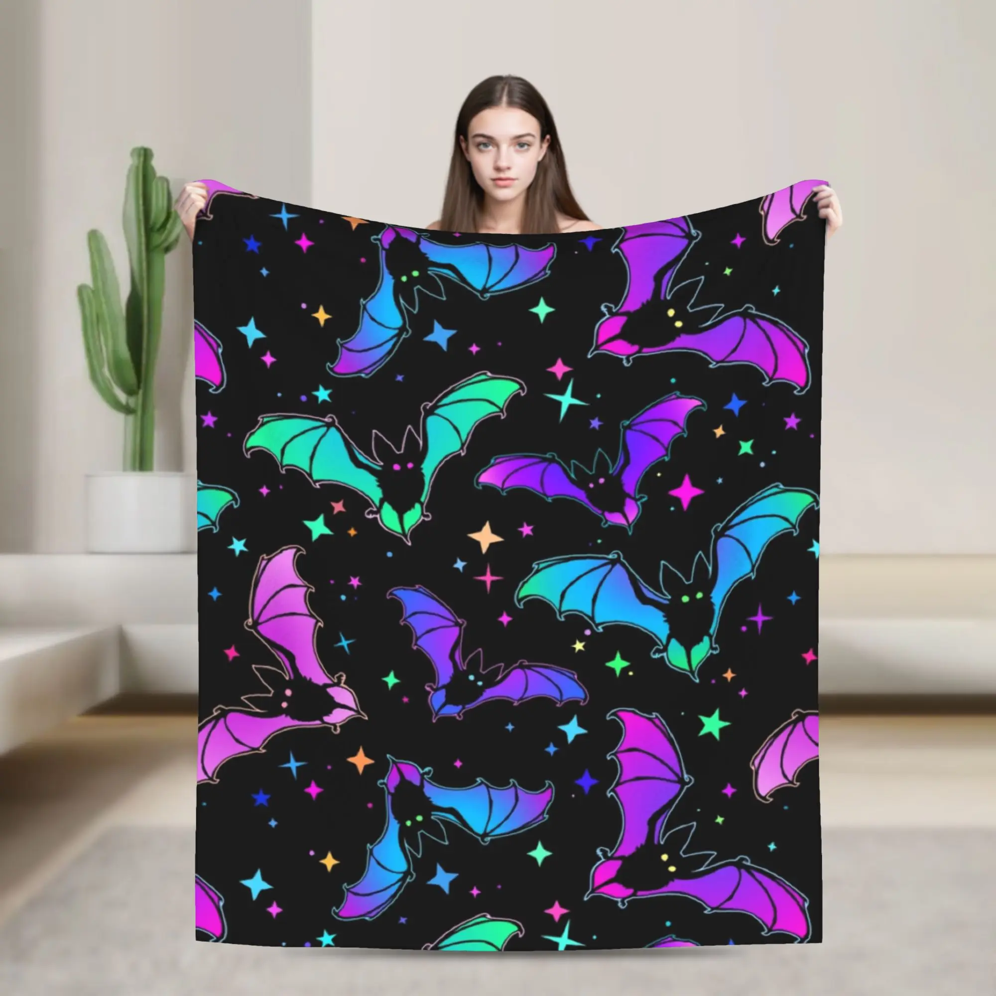 Manta con Patrón Armonioso de Murciélagos y Estrellas Góticas, Mantas Afelpadas de Halloween, Ropa de Cama, Cubrecamas Suaves y Cálidos Estampados para Sofá