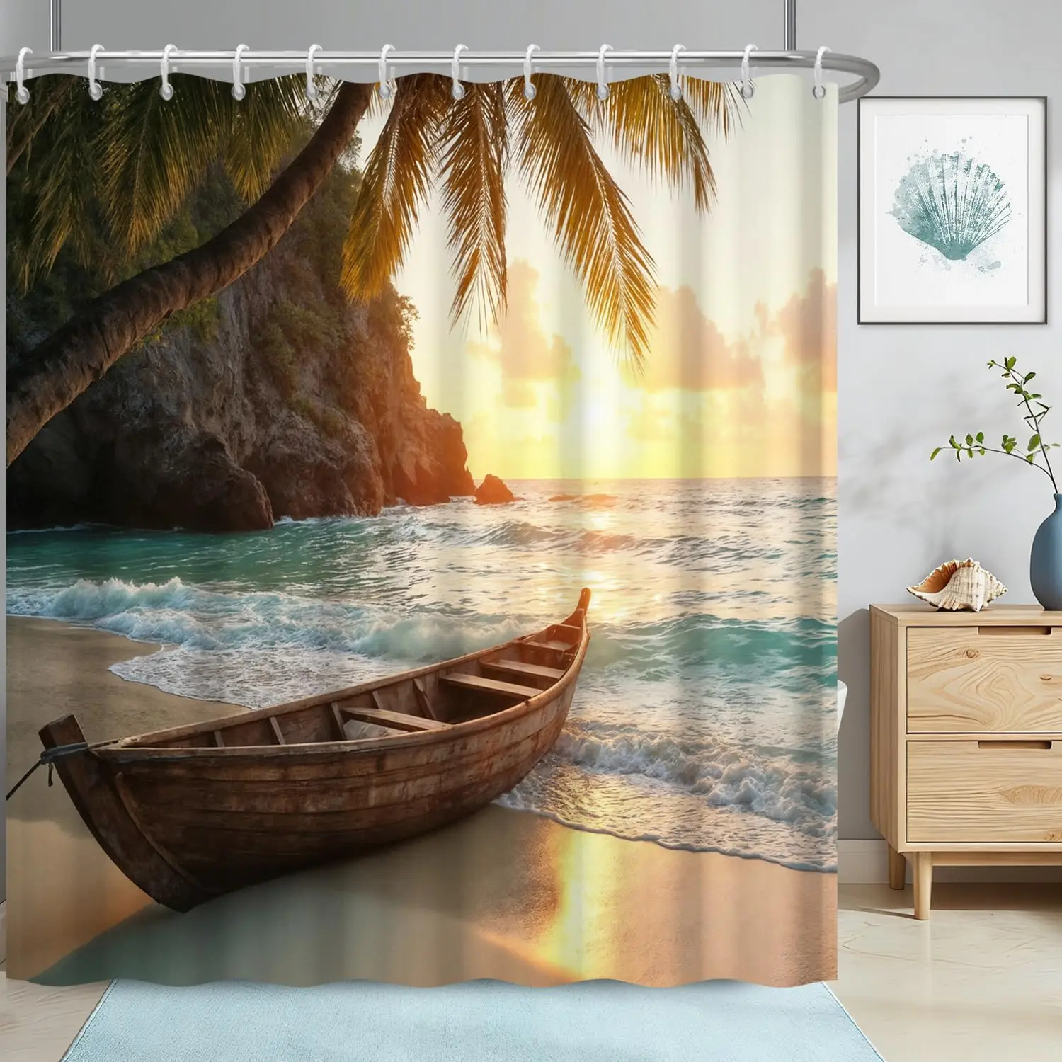 

Ocean Beach Shower Curtain for Bathroom, Tropical Palm Tree Boat Sunset Seaside Landscape Fabric Shower Curtain with 12 Hooks