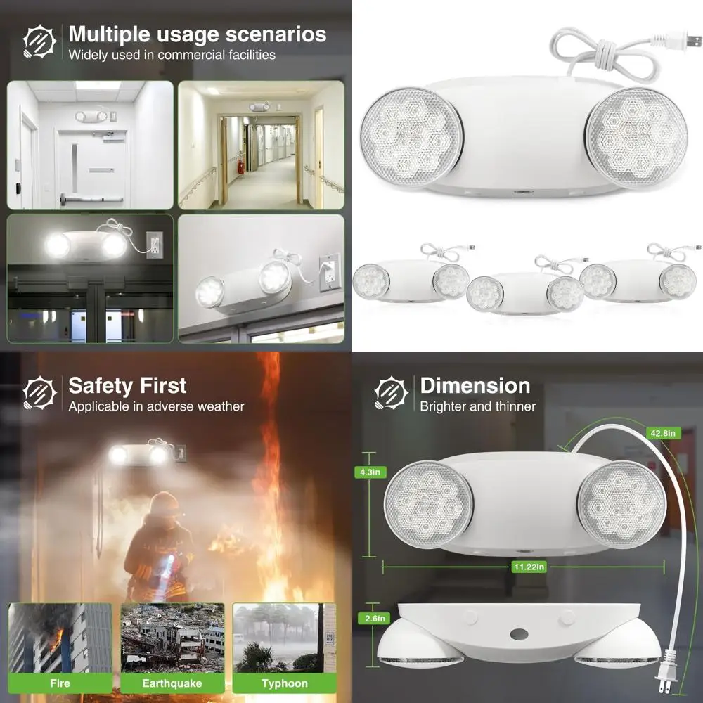 

4-Pack LED Emergency Lighting Fixtures with AC 120V, Battery Backup, Adjustable, UL Listed, 4-Foot Plug-in Cord for Commercial U
