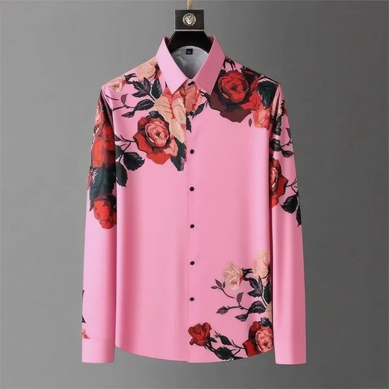Men's Simple Retro Rose Flower Printed Long-sleeved Shirt for Spring and Autumn Outing Parties High-quality Printed Lapel Shirt