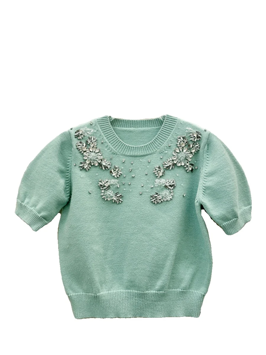 Fashion 2024 Early Spring Short-Sleeve Sweaters Fashion Rhinestone Flower Emboridered Girl's Knitted Tops Pullover Knitwears