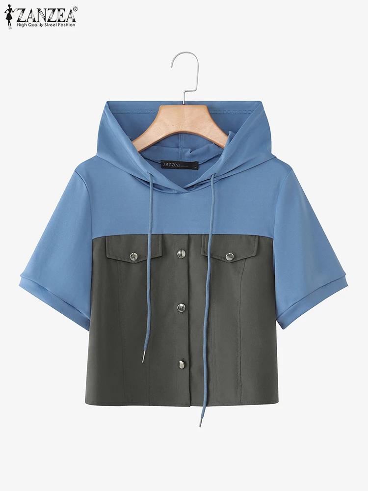 2025ZANZEA Zomer Vrouwen Capuchon Tops Korte Mouw Kleur Patchwork Blouse Elegante Hoodies Truien Mode Kantoor Werk Blusas