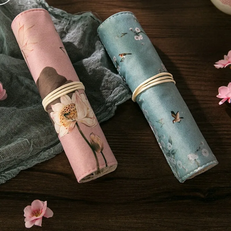 Chinese Ink Floral Bird Scroll Pencil Case Vintage Lotus Roll Up Stationery Storage Pouch for Students Pencil Case
