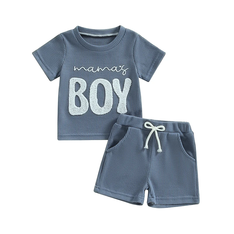 

Embroidery Baby Boy Clothes Summer Short Sleeve Little Dude Print T-Shirt Tops Shorts Set Waffle Knit Outfit