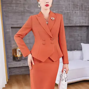 بدلة تنورة رسمية أنيقة للنساء مجموعة سترة نسائية طويلة الأكمام برتقالي وأزرق داكن أزياء نسائية أعمال العمل وصول جديد أعلى 12 مبيعات اللباس تنورة الدعاوى - No2