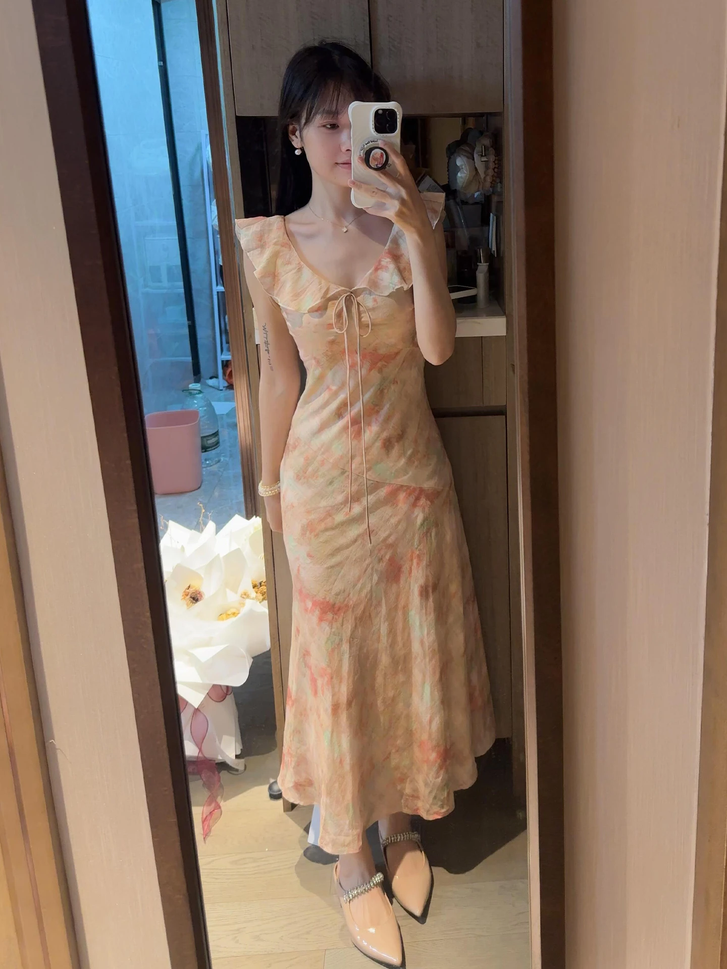 2025년 여름 여성용 부드러운 플로럴 프린트 닥터 롱 A라인 스커트 또는 Sve 하이웨이스트 V넥 캐주얼 스윗 슬레 Kming 브랜드