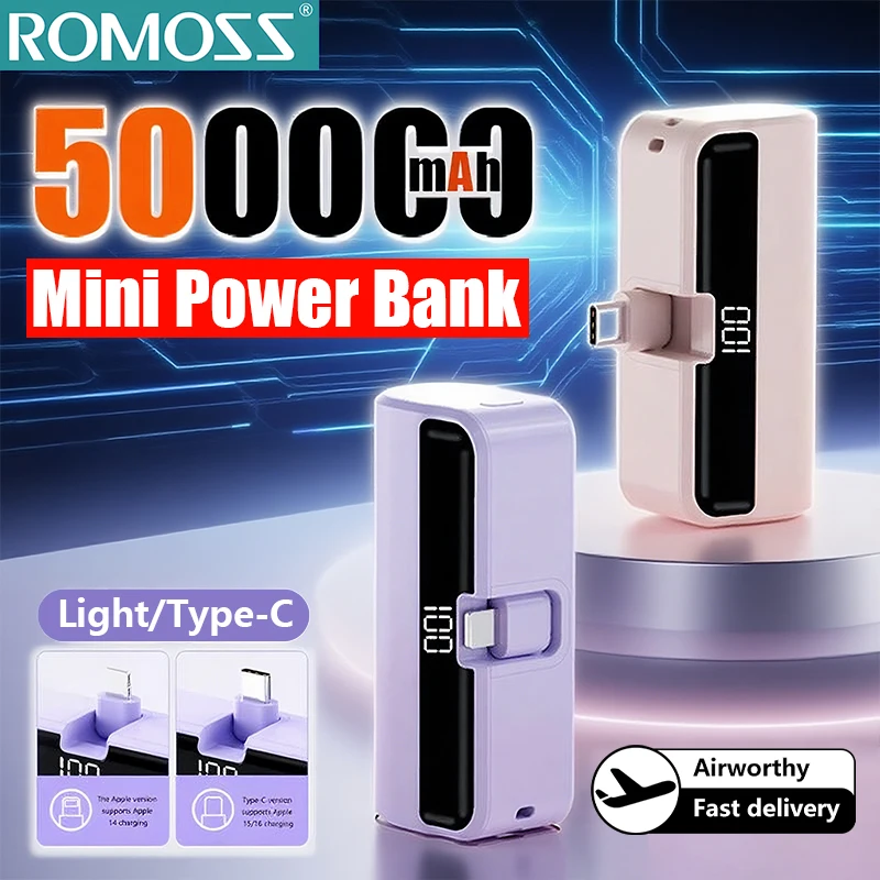 

Портативный внешний аккумулятор ROMOSS Mini Power Bank 500000 мАч с цифровым дисплеем, большой емкости, для iPhone, Huawei, Samsung, новинка 2026 года