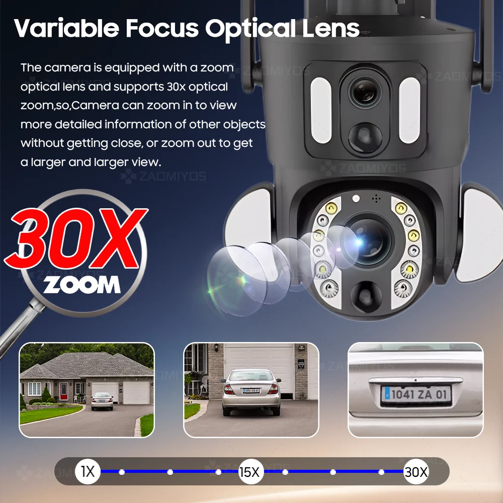 4K 30X Optical Zoom Dual Screen Security พลังงานแสงอาทิตย์กล้อง 8MP 4G Sim/WiFi PTZ Dual PIR Detection Humanoid การติดตามอัตโนมัติกล้องวงจรปิด IP Cam