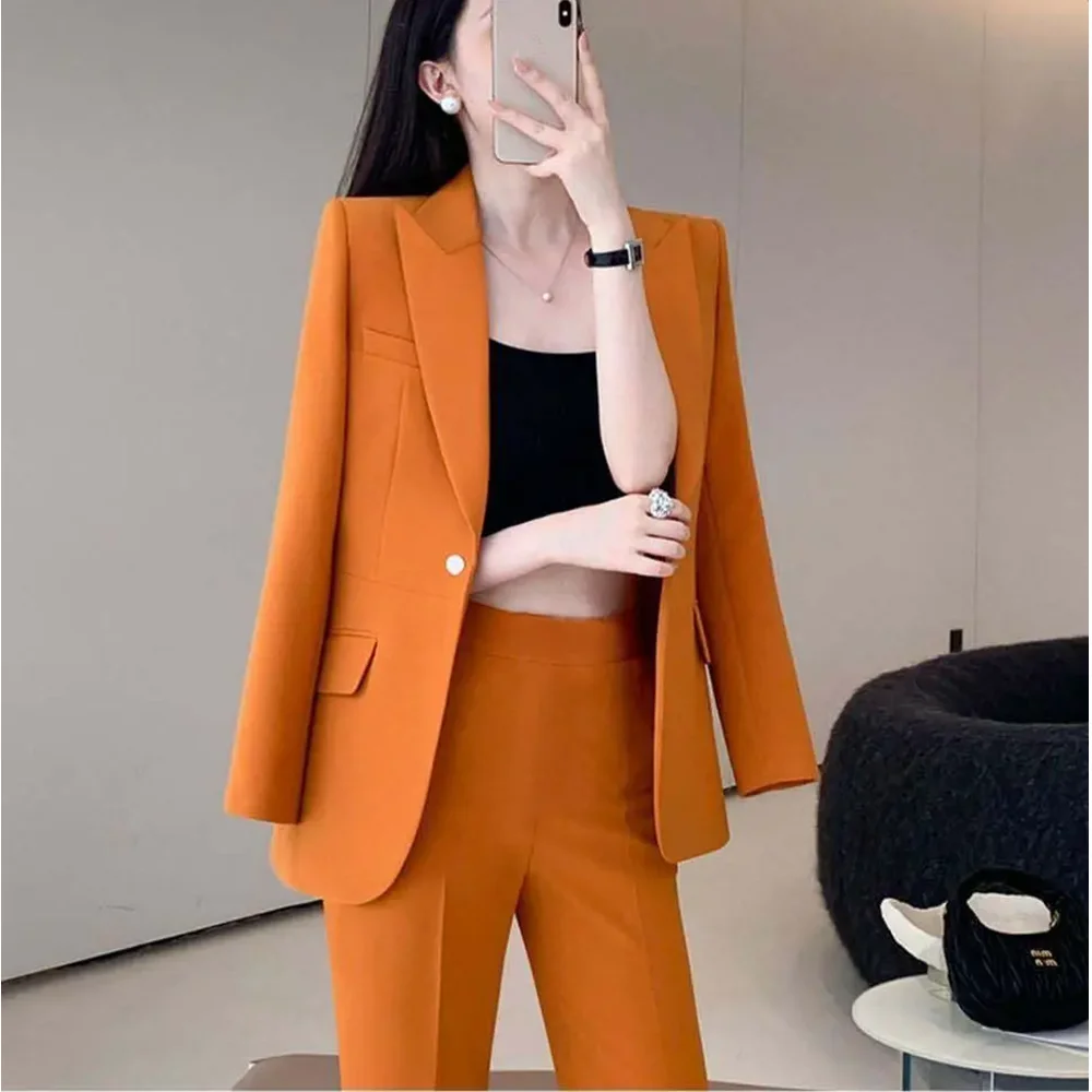 Spring Autumn Women Fashion Orange Blazer Pants Two Piece Set Office Lady New Bussiness Coats Trousers Suits Workwear Outfits