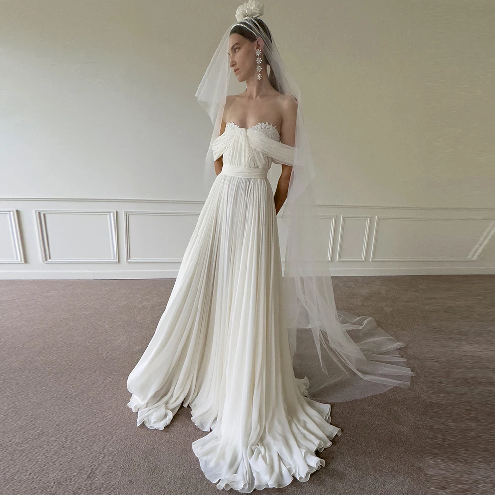 Women's Wedding Dresses Long 2025 Chiffon A-line Wedding Party Dresses Ivory Off-the-shoulder Ruched Hall Wedding Dresses