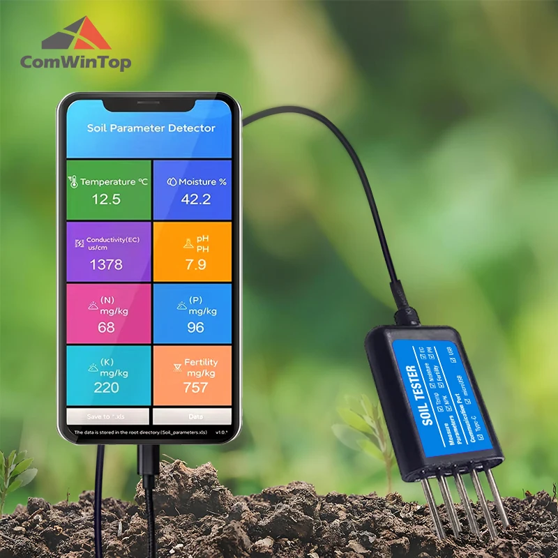 Professional 8 in 1 Soil Tester Temperature Moisture EC PH NPK Soil Sensor Portable USB Type-C for Agriculture