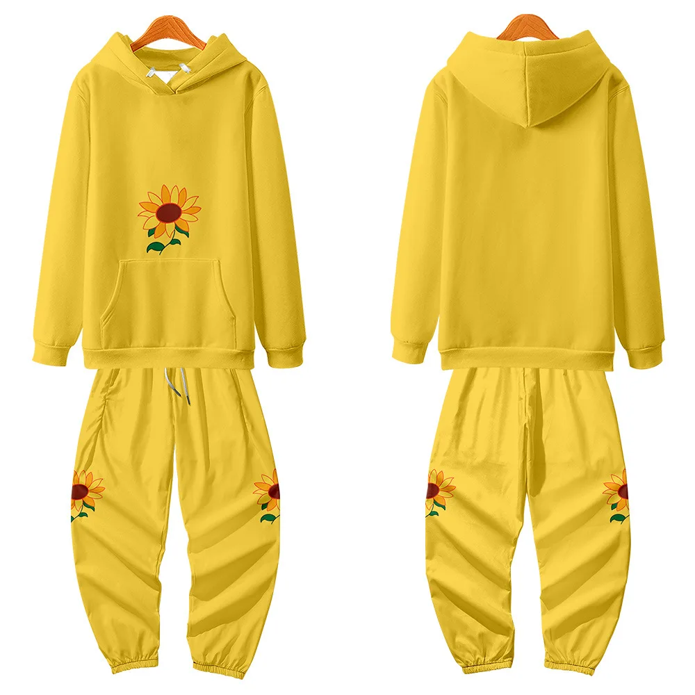 Men Casual Yellow Floral Print Sweatshirt And Sweatpants Hoodies Suits Two Piece Tracksuit Sportswear Sport Suits