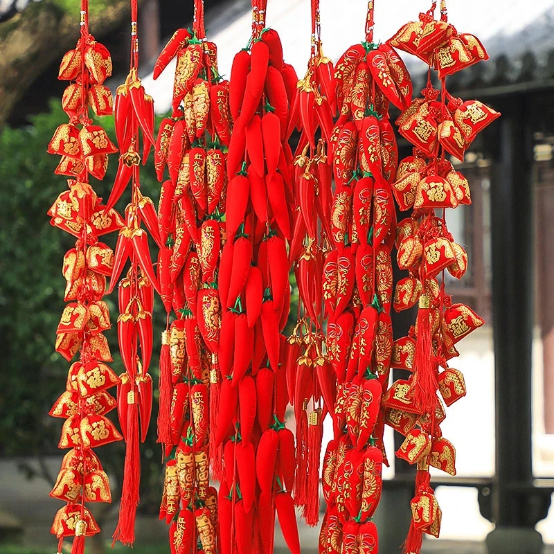 1Pc 2024 Chinese New Year Red Pepper Firecracker Skewer Lucky Bag Lantern Hanging Pendant Chinese Spring Festival Supplie Gift