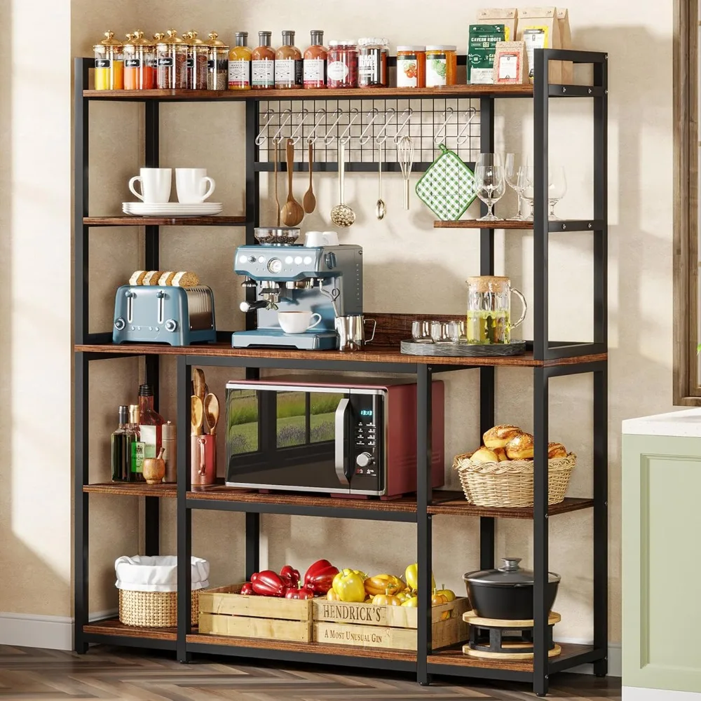 Wide Kitchen Storage Cabinet with Microwave Stand and 11 Hooks, 5-Tier Baker's Rack for Kitchen Organization