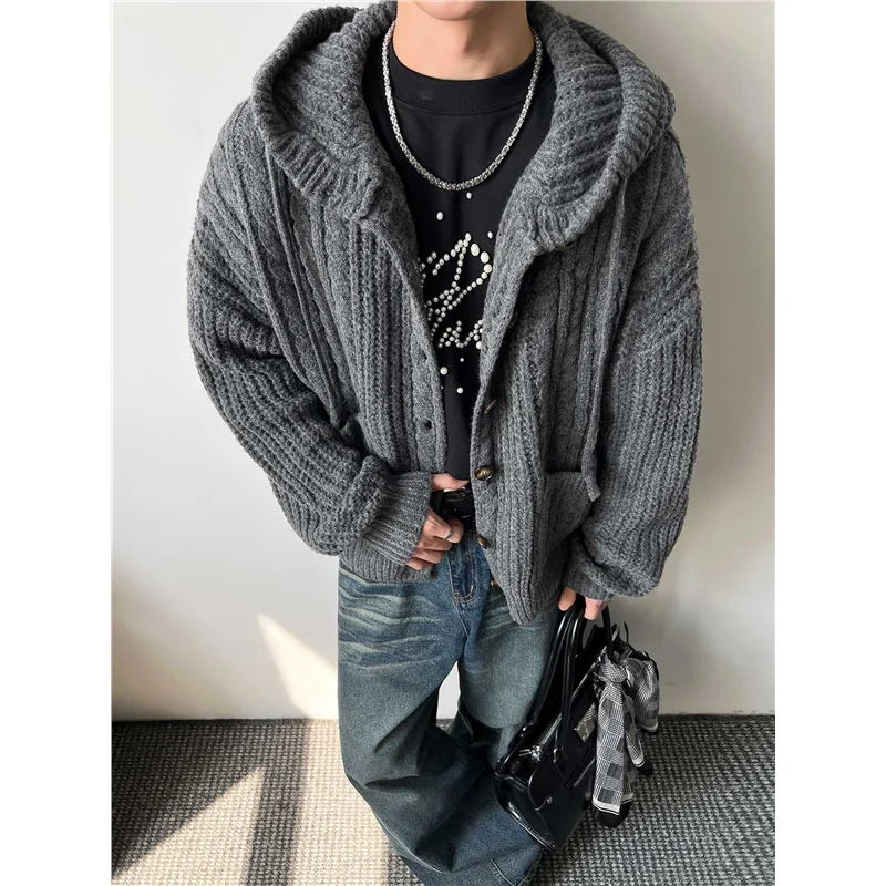 

Мужской теплый вязаный кардиган-свитер оверсайз с капюшоном на осень-зиму, в американском ретро-стиле, с открытым передом