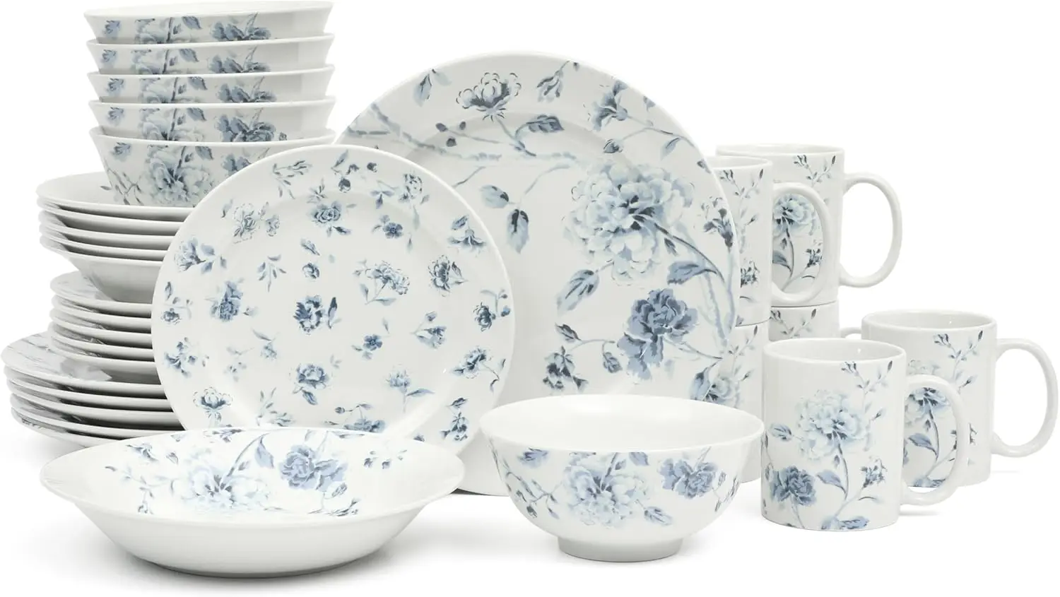 

Empress Bouquet Decorated Porcelain Dinnerware Plates and Bowls Set - Blue Floral, Service for 6 (30pcs)