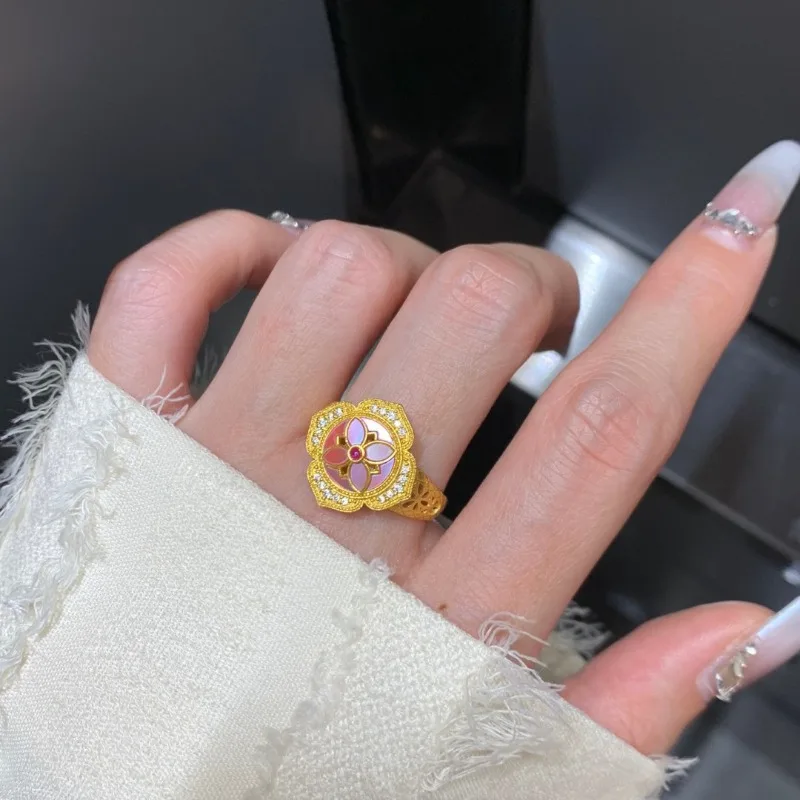 خاتم زهر الخوخ الوردي من المينا في العصور الوسطى للنساء، مجموعة ألماس ذهبية اللولبية، مجوهرات عصرية خفيفة فاخرة على طراز المحكمة