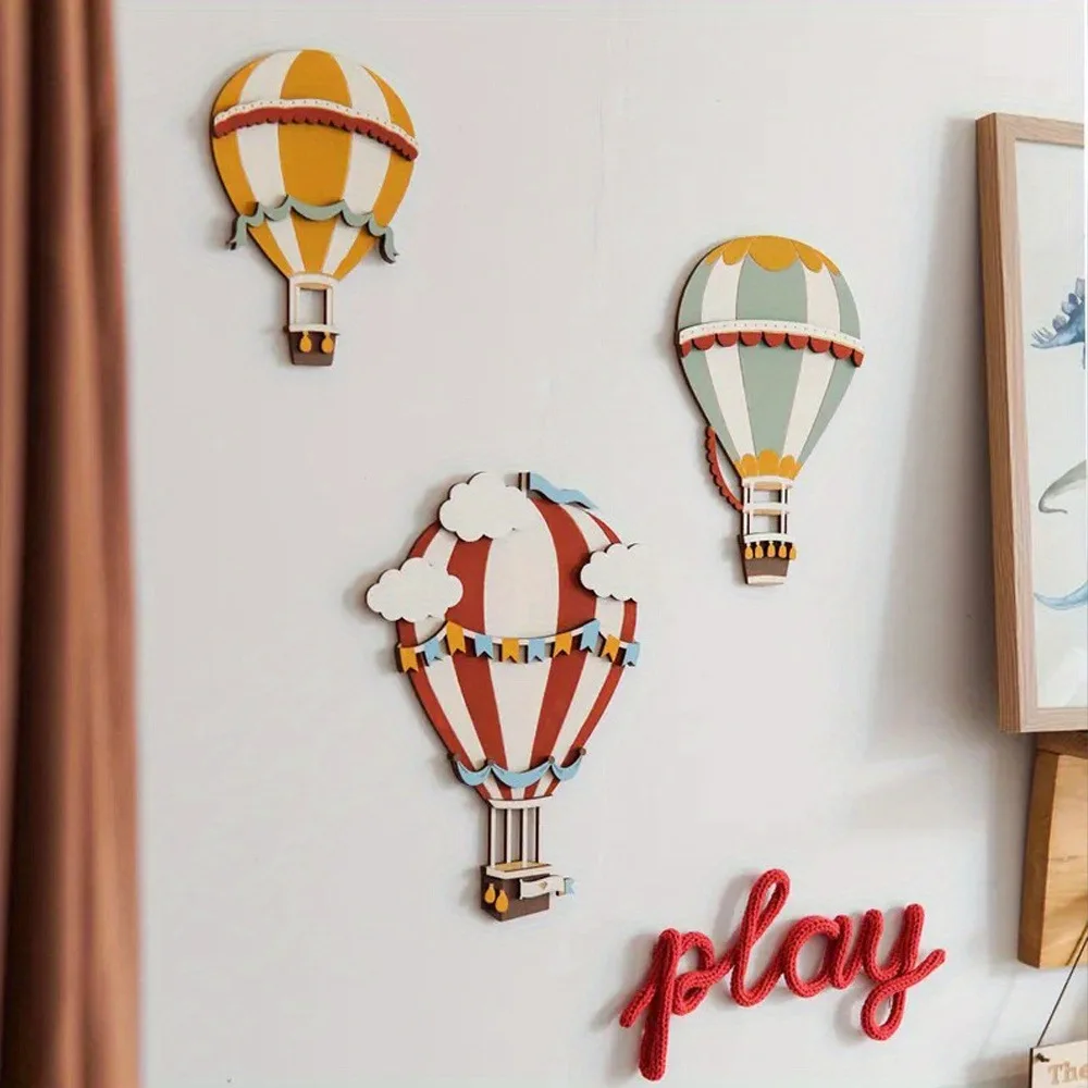 3D Wooden Hot Air Balloon Decorative Panels (Set of 3) - Vintage Style Home Wall Decorations, Colorful Hot Air Balloon Decorative Panels - Creative Gifts