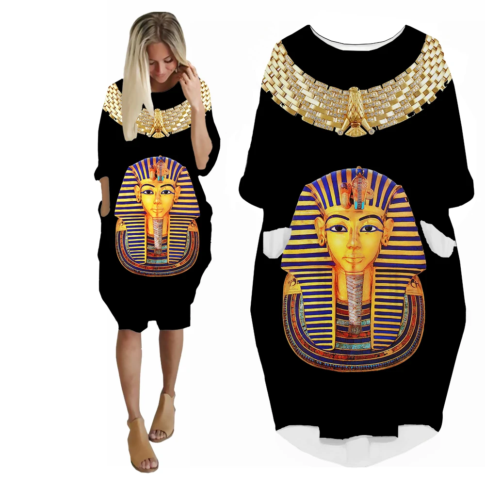 

SONSPEE Classical Egyptian Pyramid Sphinx 3D Printed Harajuku Dress Long Sleeve Pockets Skirt Loose Oversize Casual Streetwear