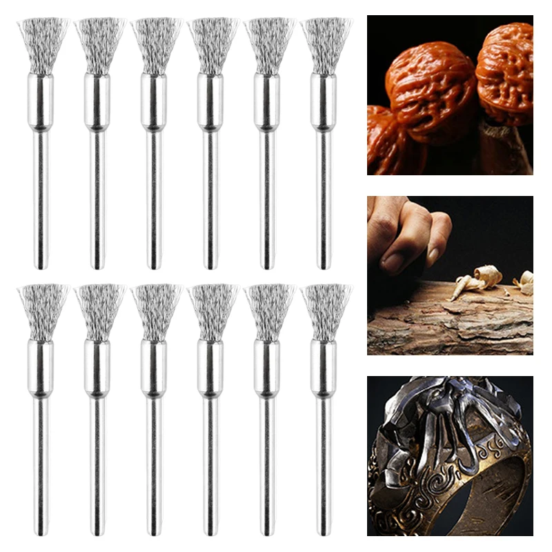 80Pcs 3mm Shank Stainless Steel Wire Brushes Mini Polishing Brush Grinding Rust Removal For Metal Wood Stone Rotating Tools