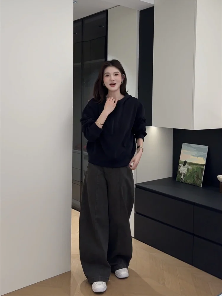 2025 شتاء جديد موضة فضفاضة الدافئة مقنعين سترة قطن عالية الخصر بنطال ذو قصة أرجل واسعة المرأة عادية بلون قطعتين مجموعة #4