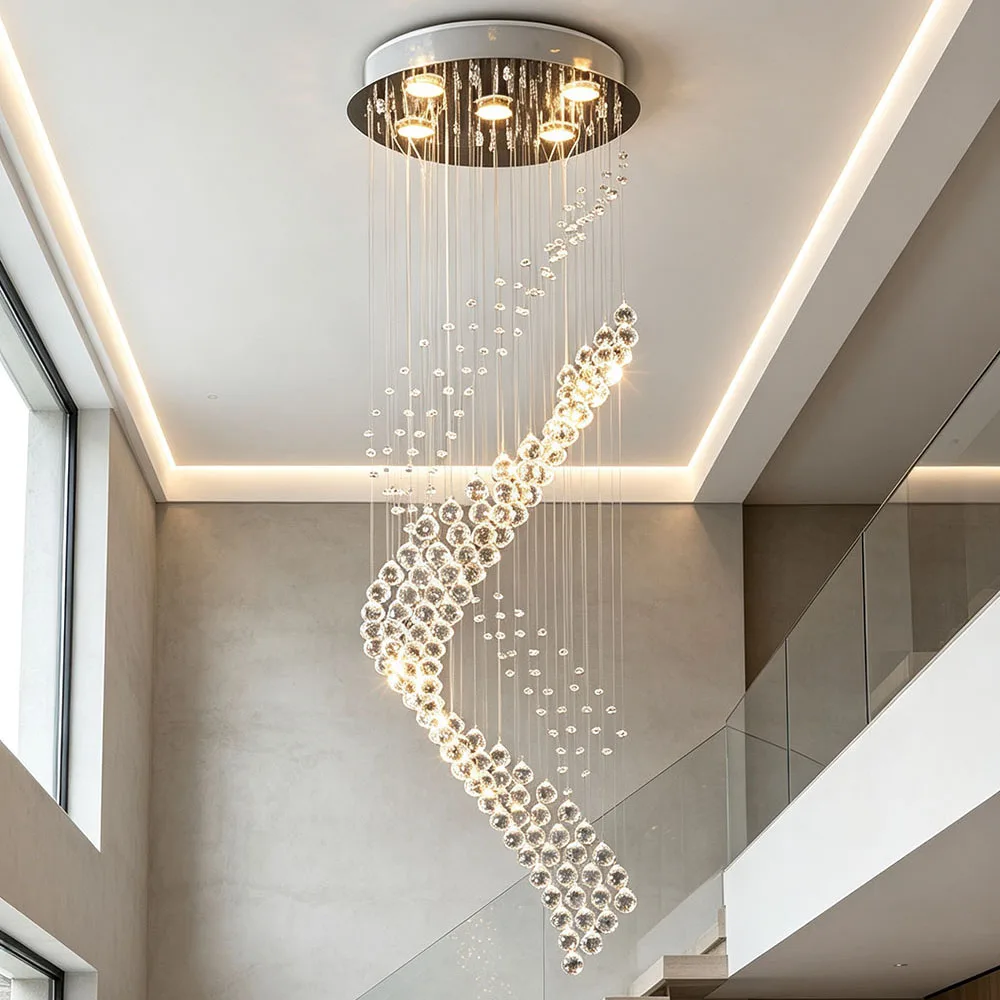 S-shaped Wave Crystal Hanging Lamp Tall Suspended Ceiling Chandelier for Villa Loft Stair Foyer Lobby