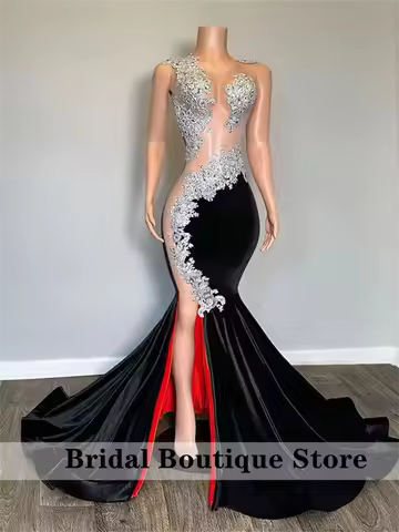Black Velvet Prom Dress Mermaid Sliver Beaded Applique Slit with Red Linning For Special Occasions Evening Gala Dress Customized