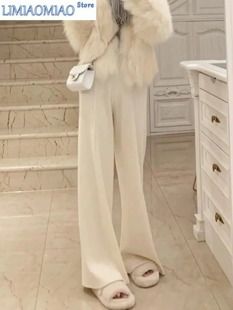 New White Knit Wide-leg Pants Women's Autumn and Winter Casual Slimming Straight Drop Wool Pants Loose and Lazy Long Pants