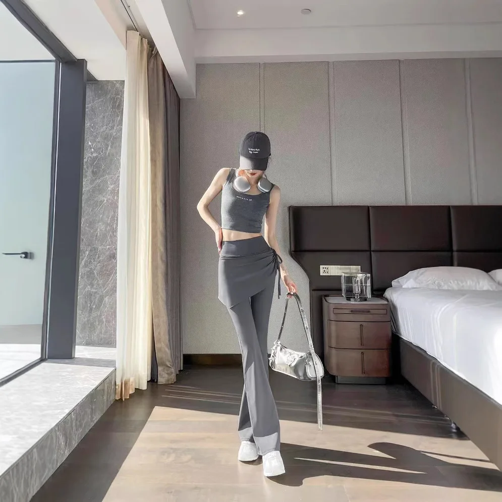 2025 New Drawstring Micro-flared Pants High Waist and Thin Sports Micro-pull Pants Skirt