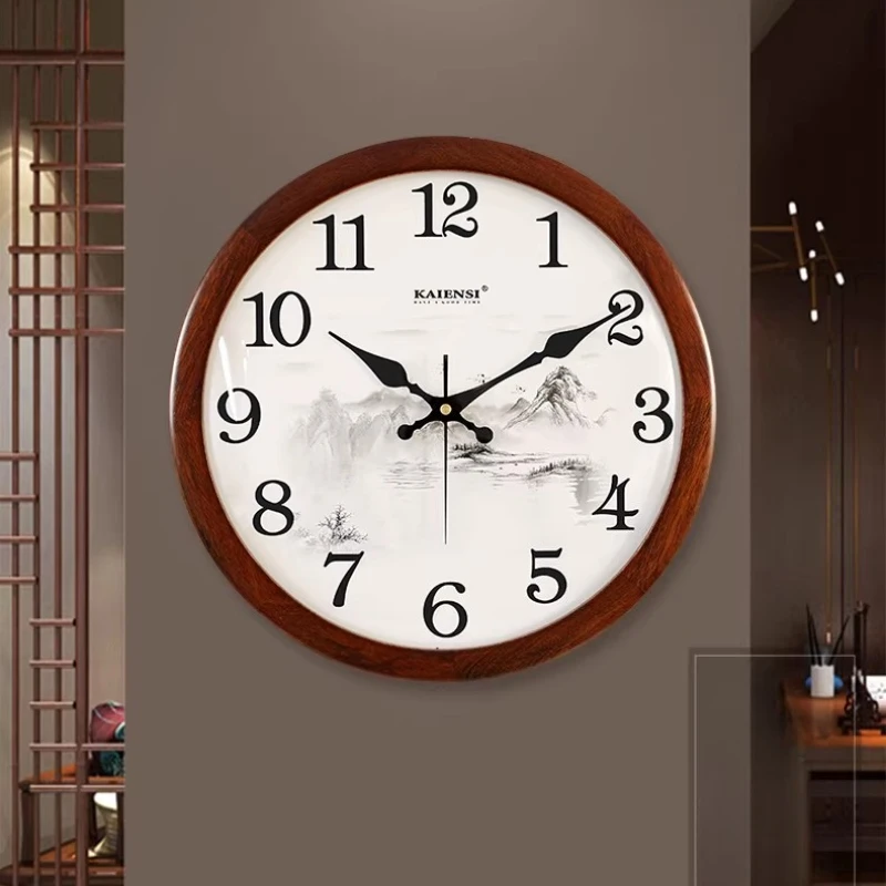 

Новые китайские настенные часы для гостиной, простой дизайн, настенные подвесные часы из цельного дерева, модные бесшумные круглые кварцевые часы для спальни